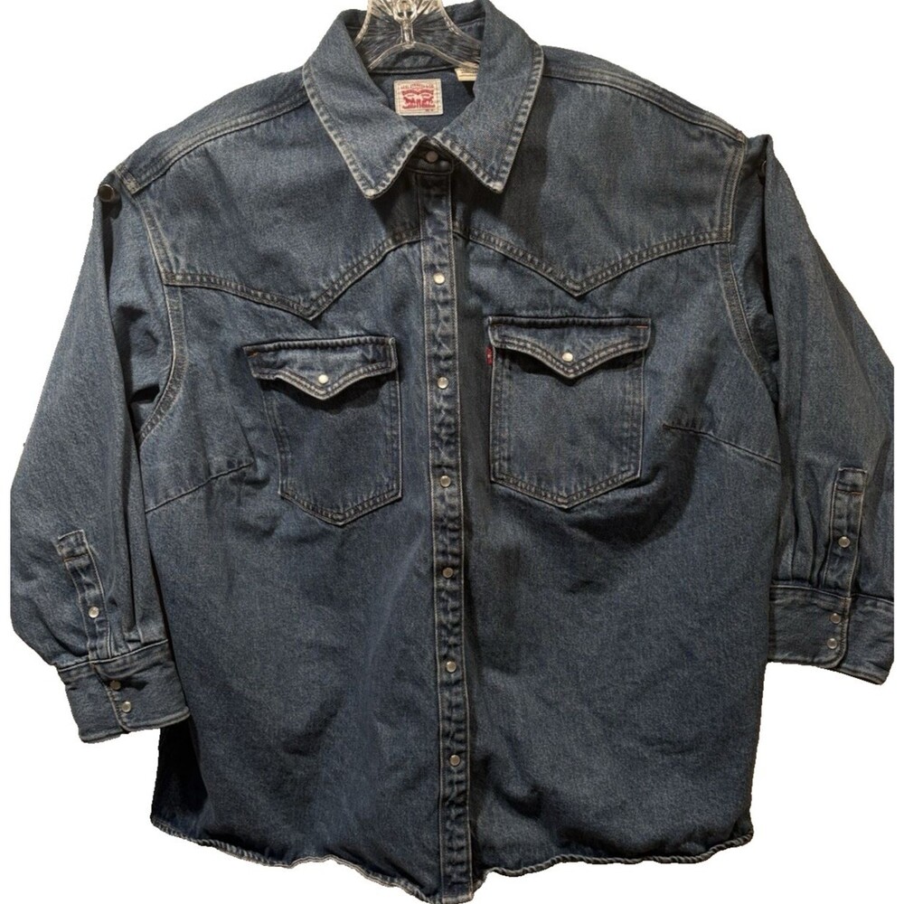 Levis Pearl Snaps 3X 22-24 Blue Heavy Denim Shacket Cowgirl Utility Ranch Shirt